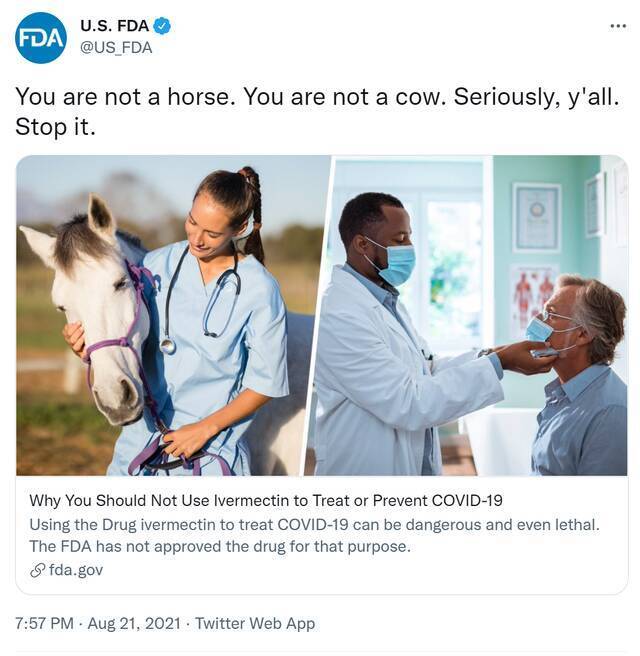 美国多人服用牲畜驱虫药抗新冠后中毒 美FDA提醒：你不是马 你也不是牛