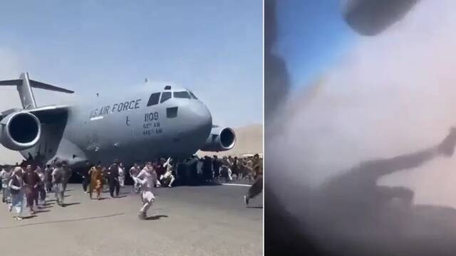 美军运输机起飞时的喀布尔机场乱象图源：外媒这些阿富汗工作人员还说，在机场附近的检查站，他们被推搡、吐唾沫，有人被迫与孩子分开，有人被人群踩踏受伤，还有人在前往机场的路上中暑晕倒……
