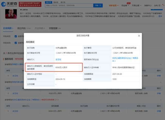 史玉柱再次被冻结6500万股权