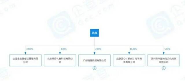 钱枫目前直接关联的企业及持股比例。企查查截图