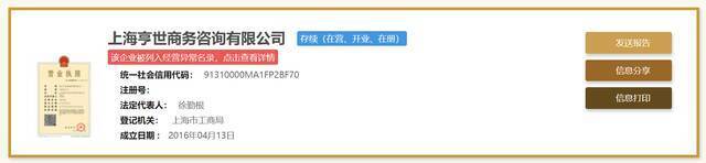 上海亨世商务咨询有限公司被列入经营异常名录，徐勤根担任法定代表人。上海市市场监督管理局官网截图