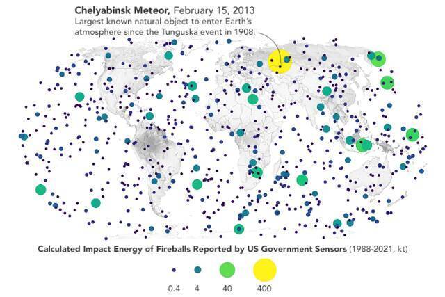 NASA地图展示探测到的火流星巨大火球及其冲击能量