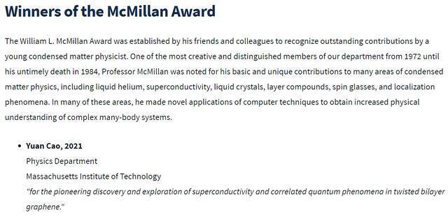 曹原是2021年William L. McMillan Award获得者