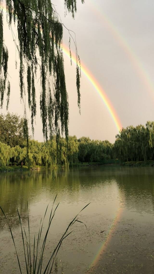 刚刚 北京的天空 双彩虹+雨幡+太阳雨！