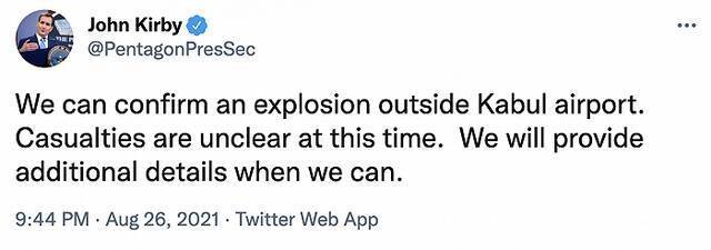 美国防部证实喀布尔机场外发生爆炸，目前尚不清楚伤亡情况