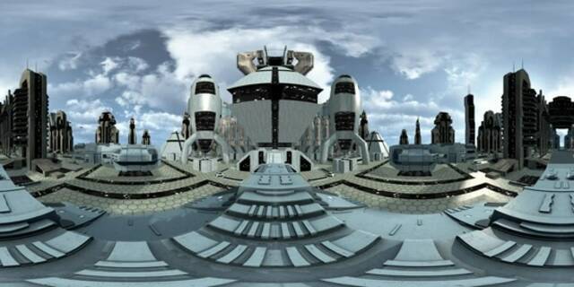 360 VR的未来科幻城市形象与银河系中的现代小说摩天大楼和建筑。图片来源：IC photo