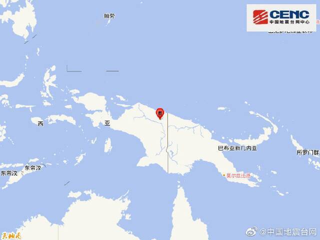 印尼巴布亚省发生5.5级地震 震源深度30千米