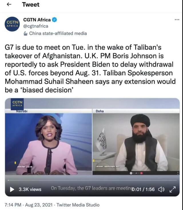 △CGTN非洲区制中心在推特上发布采访塔利班发言人相关视频