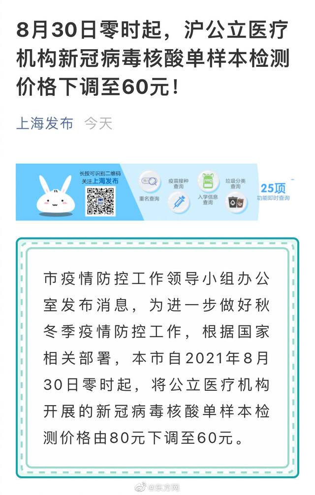 8月30日零时起 上海公立医疗机构新冠病毒核酸单样本检测价格下调至60元