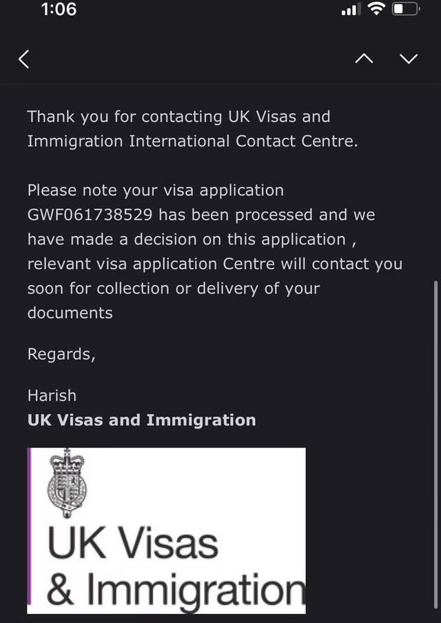 申请者提供的咨询英国移民局收到的邮件回复称结果早已出。