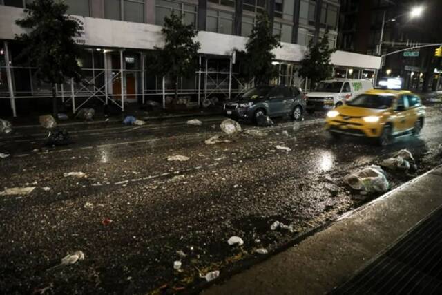 9月2日，暴雨过后美国纽约一条道路上垃圾遍地。（新华社记者王迎摄）