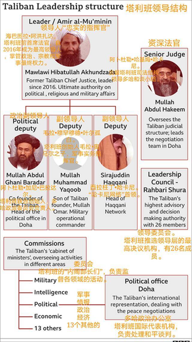 塔利班“领导委员会”架构，图源/BBC、制图/刘骞