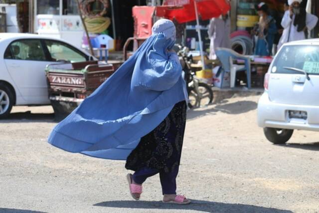 当地时间2021年8月22日，阿富汗赫拉特，一位阿富汗妇女走在街头。视觉中国图