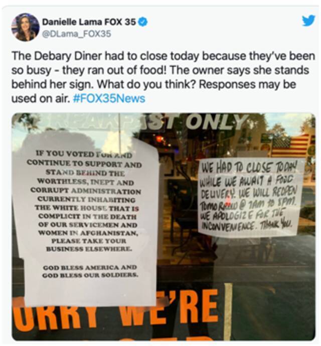 俄媒：佛州一餐厅禁止拜登支持者入内 结果因“人气暴涨”食材断货关门了