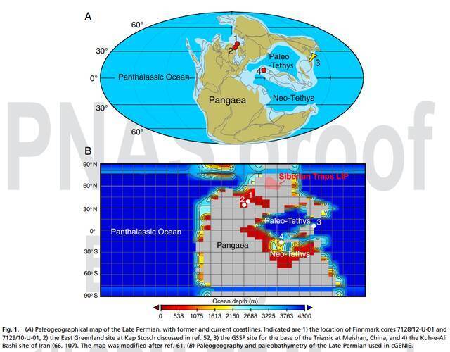 A：晚二叠世古地理图 B：地球系统模型中使用的晚二叠世古地理和古测深图源：论文