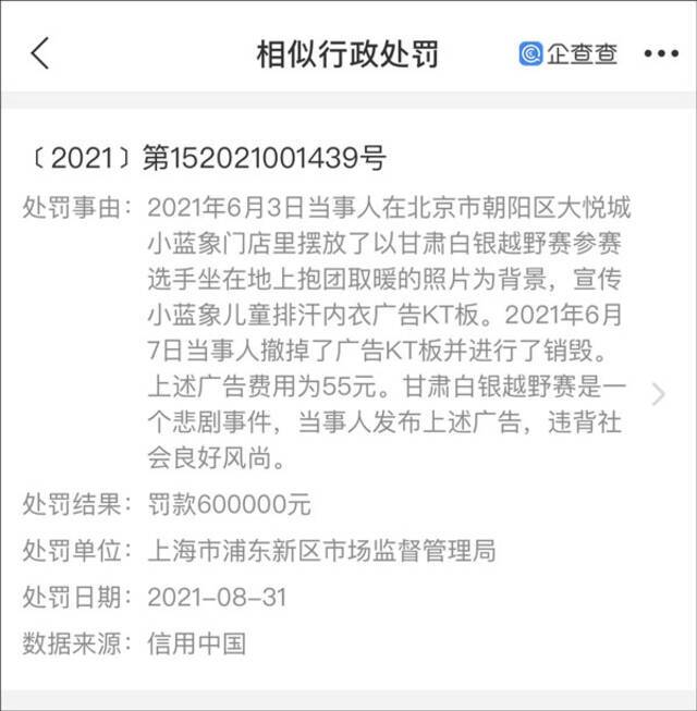 小蓝象因用白银越野赛事故图宣传被罚60万，曾被批“为营销无底线”