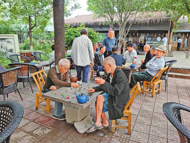 在郏县基层公共卫生服务网点茶食小镇里，老人们聚在一起下棋。（河南报业全媒体记者张保富摄）