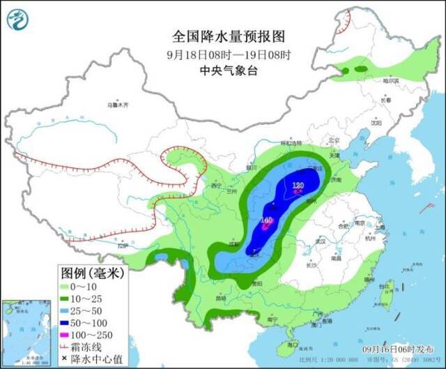 全国降水量预报图(9月18日8时-19日8时)