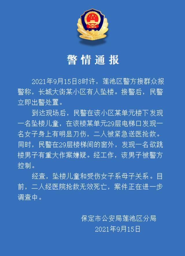 河北保定警方通报儿童坠楼、女子受伤案：系母子，均抢救无效死亡