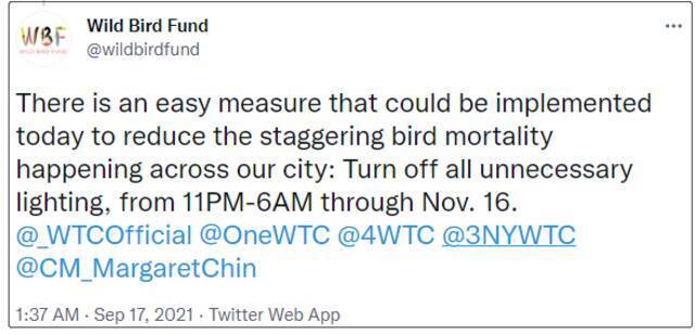 野生动物倡导者在推特上呼吁关闭城市不必要的照明。来源：推特截图