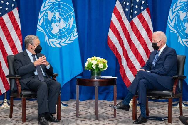 当地时间9月20日，拜登和联合国秘书长古特雷斯会面图源：拜登推特