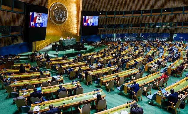 菲律宾总统杜特尔特在第76届联合国大会上通过视频发表演讲。