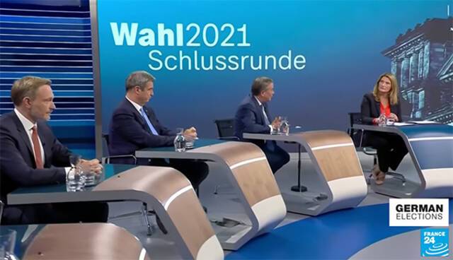 9月23日，德国各政党领导人及候选人参加电视辩论视频截图