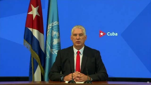 △古巴国家主席迪亚斯-卡内尔23日在第76届联合国大会一般性辩论中发言（图片来源：联合国）