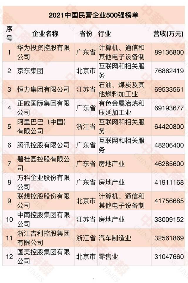 2021中国民营企业500强榜单