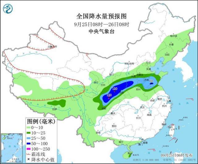 全国降水量预报图（9月25日08时-26日08时）来源：中央气象台网站