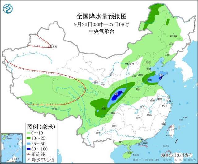 全国降水量预报图（9月26日08时-27日08时）来源：中央气象台网站