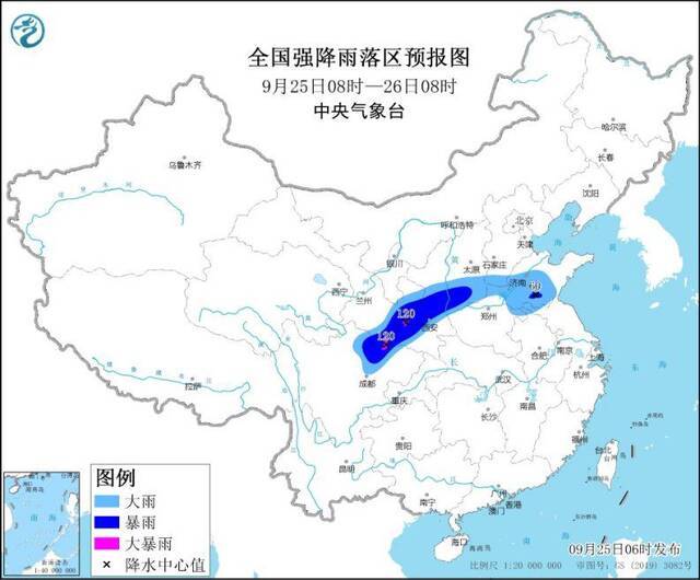 全国强降雨落区预报图（9月25日08时-26日08时）来源：中央气象台网站