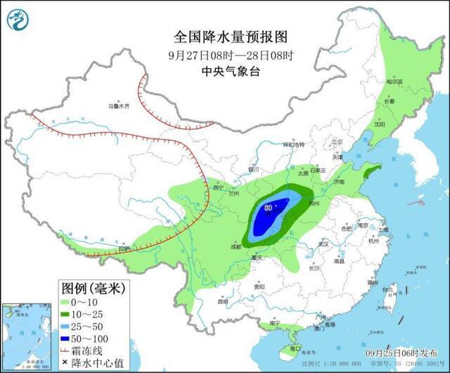 全国降水量预报图（9月27日08时-28日08时）来源：中央气象台网站