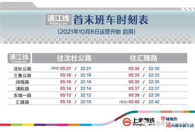10月8日起，上海浦江线首班车时间将提前30分钟