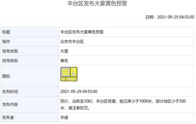 北京多区发布大雾黄色预警：局地能见度不足500米，注意安全