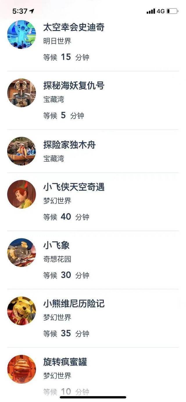 迪士尼APP游玩项目等候时间