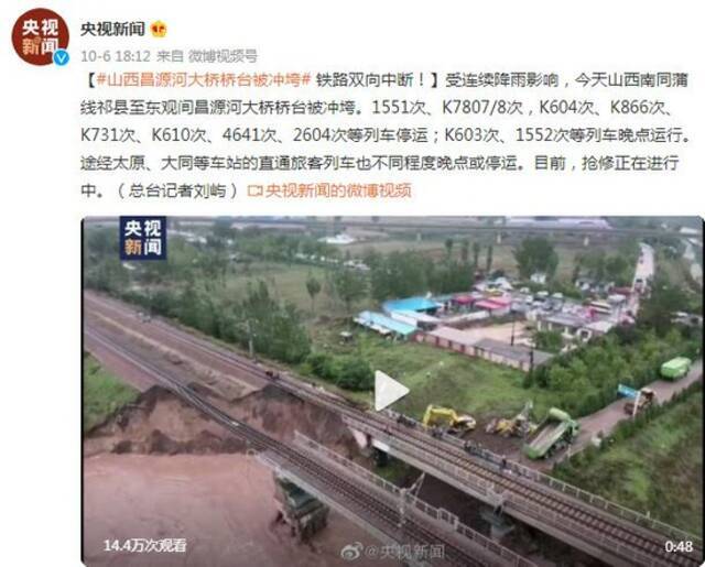 山西昌源河大桥桥台被冲垮 铁路双向中断！