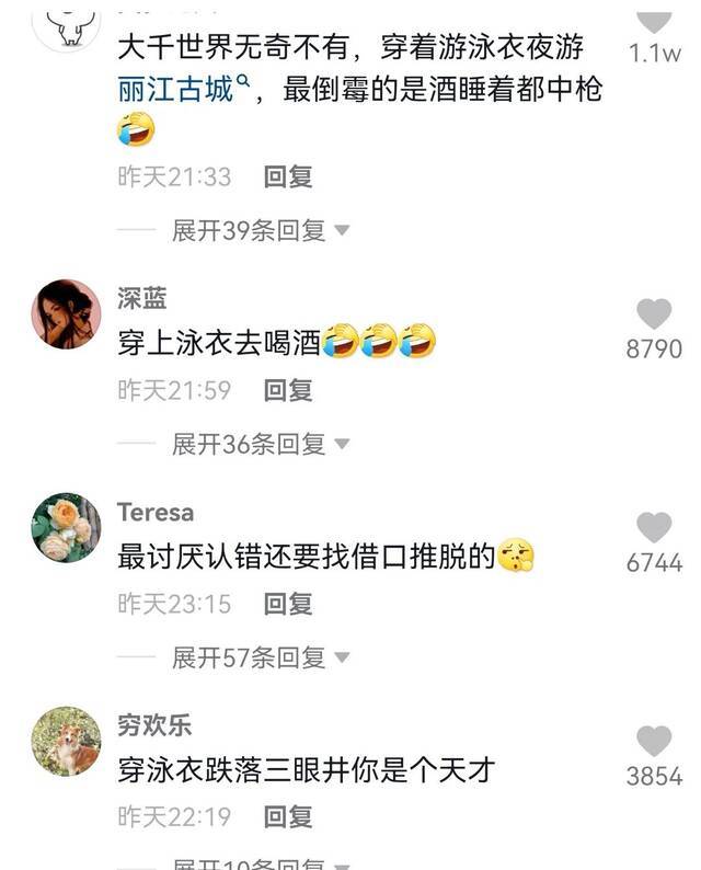 女游客穿泳装在丽江古城石榴井戏水，还喊“好爽啊”，辩称“酒后失控”