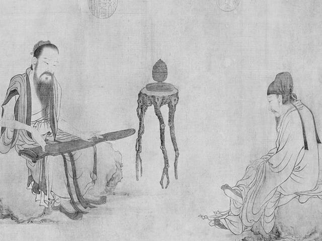 高山流水遇知音的典故代代相传，这是故宫博物院藏元代画家王振鹏绘《伯牙鼓琴图》，图中鼓琴者为伯牙，倾听者为子期。（资料图片）