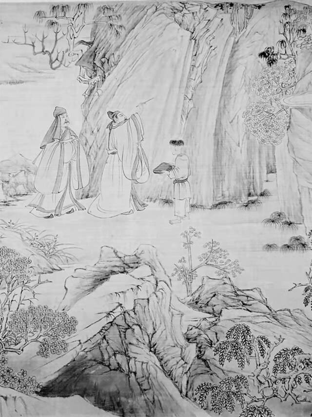陈洪绶、华嵒的《西园雅集图》中，一位高士正在石上题字，另一位高士在旁观看，小童捧砚台侧立。易舜摄