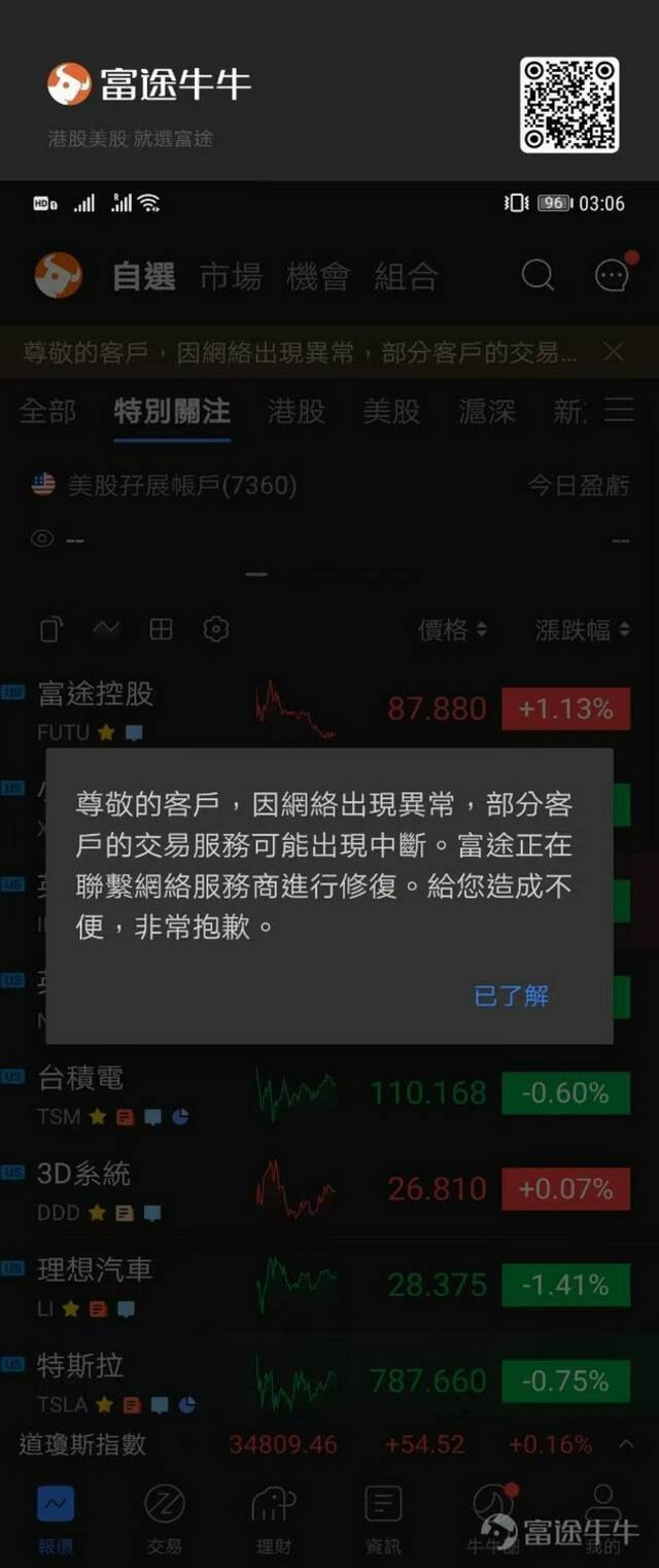 富途被曝凌晨出现网络异常无法交易：正在逐步恢复中