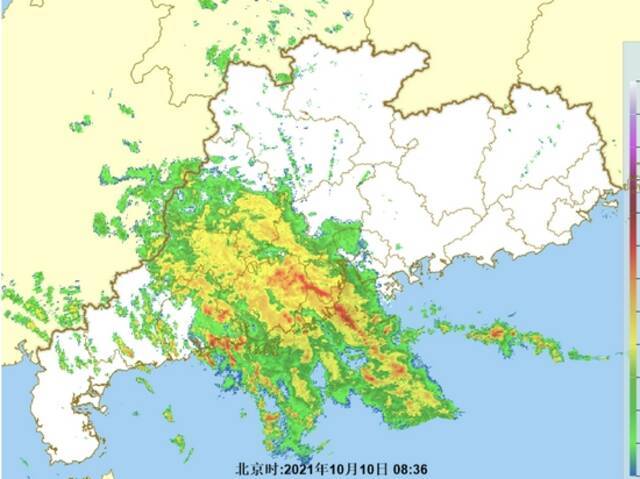 10月10日8时36分广东雷达图，珠江口以西及粤西部分地方仍被雨带覆盖广州市气象台官网截图
