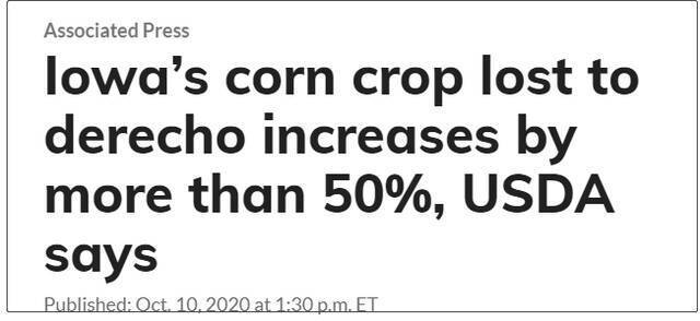 美国农业部称，爱荷华州因飓风来袭，损失的玉米产量超50%。来源：市场观察
