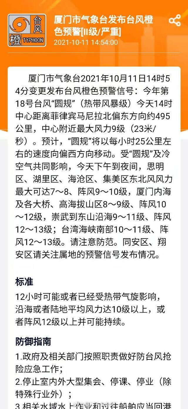 厦门变更发布台风橙色预警信号