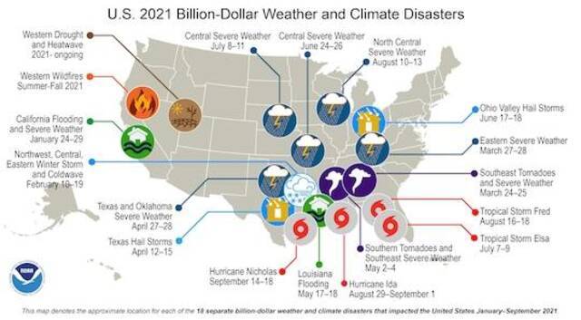 ↑美国2021年前9个月的10亿级气候灾难地图。