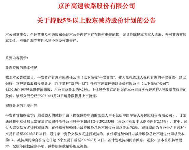 “京沪计划”拟减持京沪高铁不超12.49亿股！平安资管独家回应：平安目前无减持计划