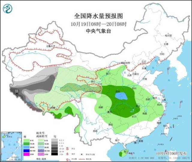 图2全国降水量预报图（10月19日08时-20日08时）