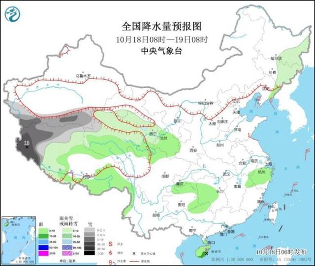 图1全国降水量预报图（10月18日08时-19日08时）