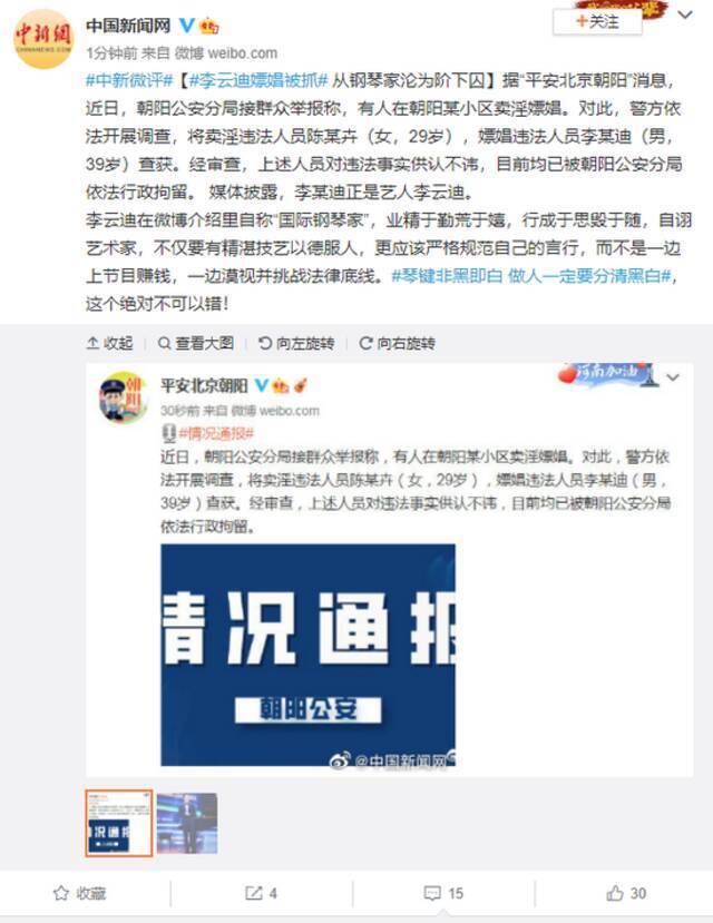 中新网评“李云迪嫖娼被抓”：从钢琴家沦为阶下囚