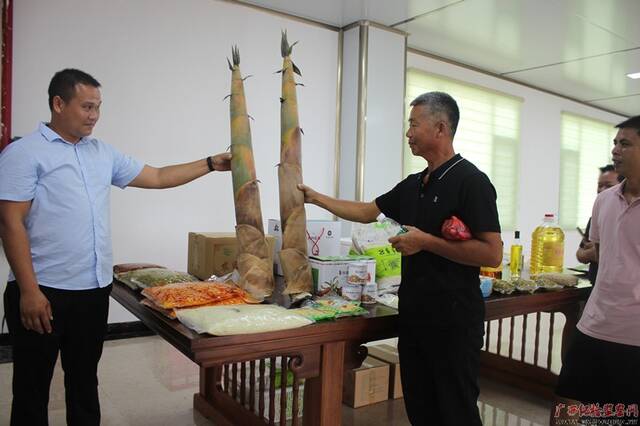 图为种植户手持麻竹笋，在罗城老娘菜食品有限公司麻竹笋加工车间了解竹笋粗成品。